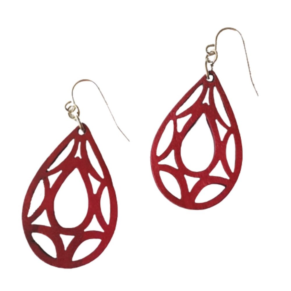🌿Teardrop Laser Cut Wooden Stained Glass Style Boho Magenta Earrings🌿